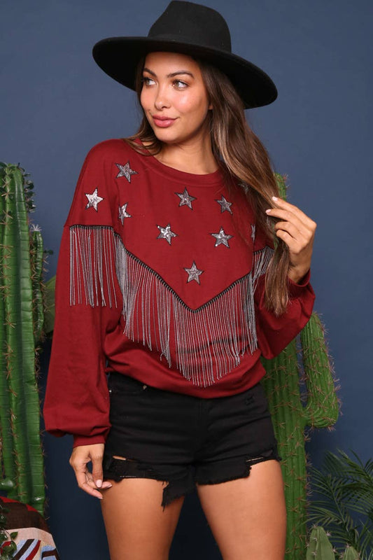 Fringe and Sequin Star Knit Sweatshirt: BURGUNDY / S