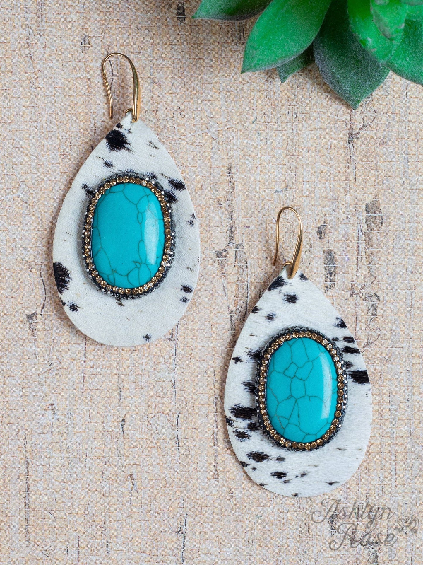 Chasing You Teardrop Cowhide Earrings with Turquoise Stone, White: White / One Size