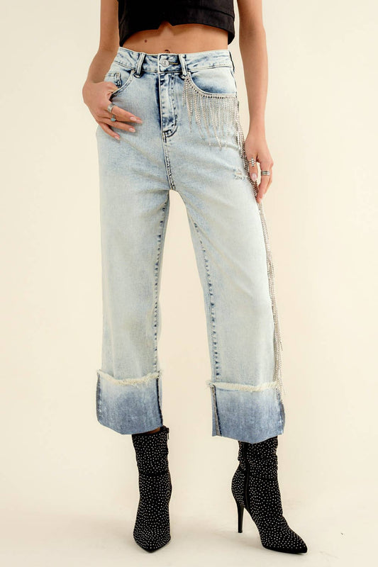 22251P - Rhinestone Fringe Denim Jeans: S / LIGHT WASH