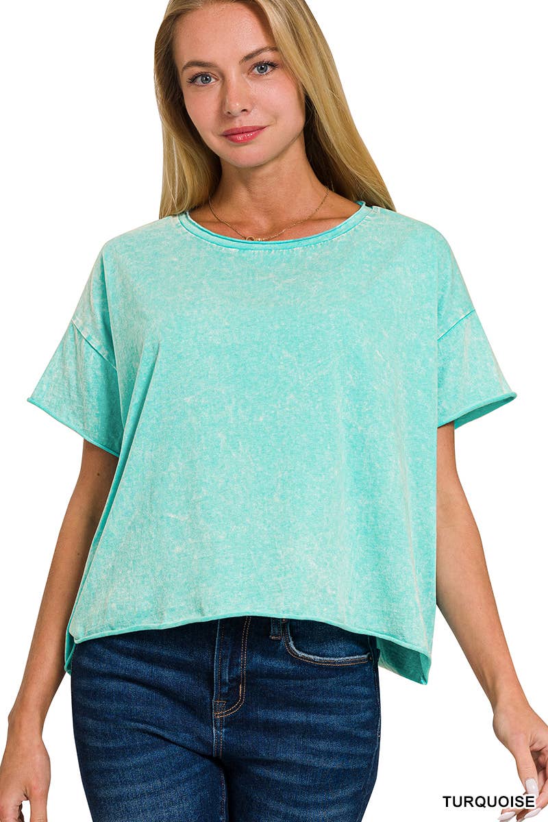 Acid Wash Raw Edge Short Sleeve Crop Top: 2-2(S/M-L/XL) / TURQUOISE