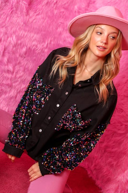 Sequin Color Block Twill Shacket