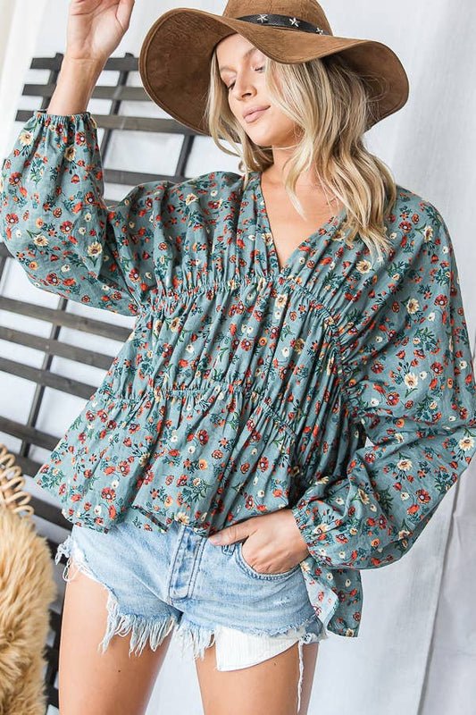 T1538A Floral Print Pleating Loose Fit Blouse Top: S-M-L (2-2-2) / DUSTY TEAL