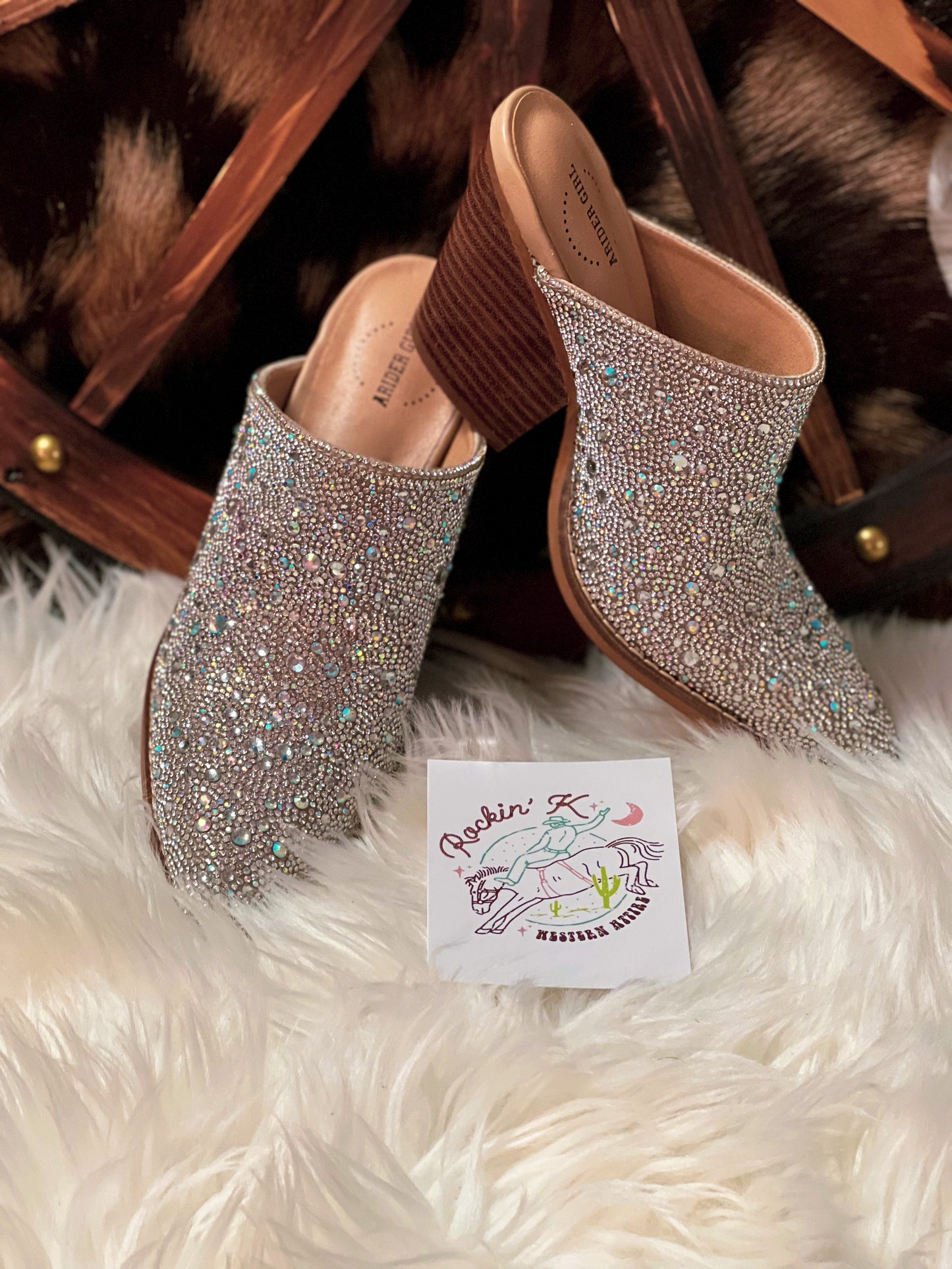 Rhinestone bling stacked heel mules